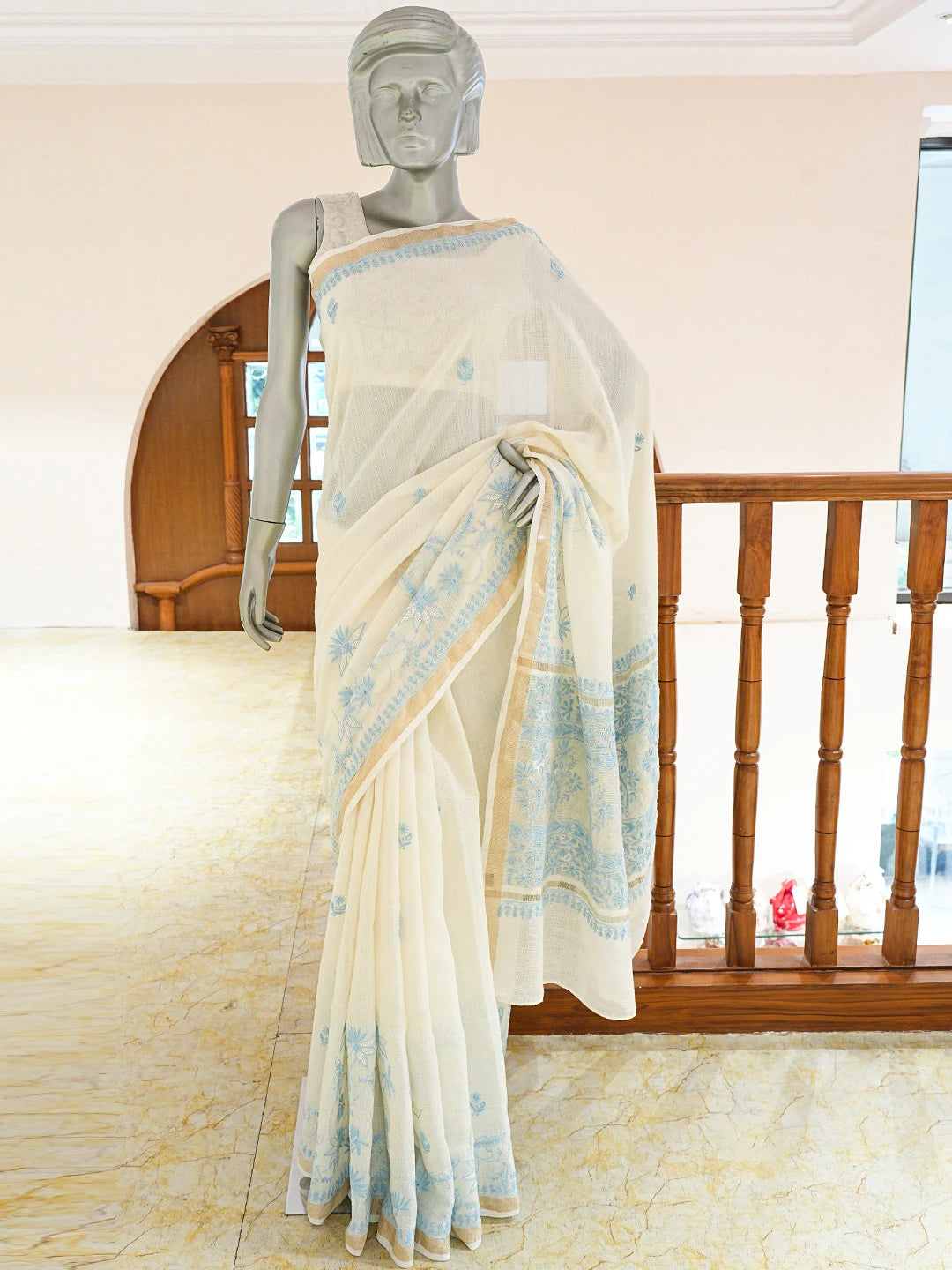Ada Hand Embroidered Ivory White Organza Lucknowi Chikankari Saree and Blouse 01A715944