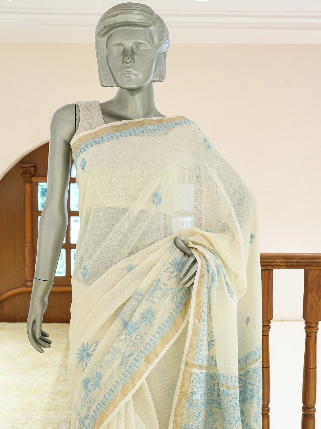 Ada Hand Embroidered Ivory White Organza Lucknowi Chikankari Saree and Blouse 01A715944
