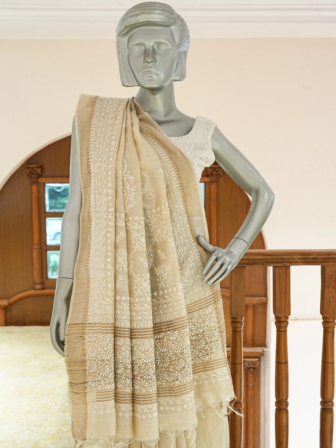 Ada Hand Embroidered Fawn Silk Lucknowi Chikankari Saree and Blouse 01A774699
