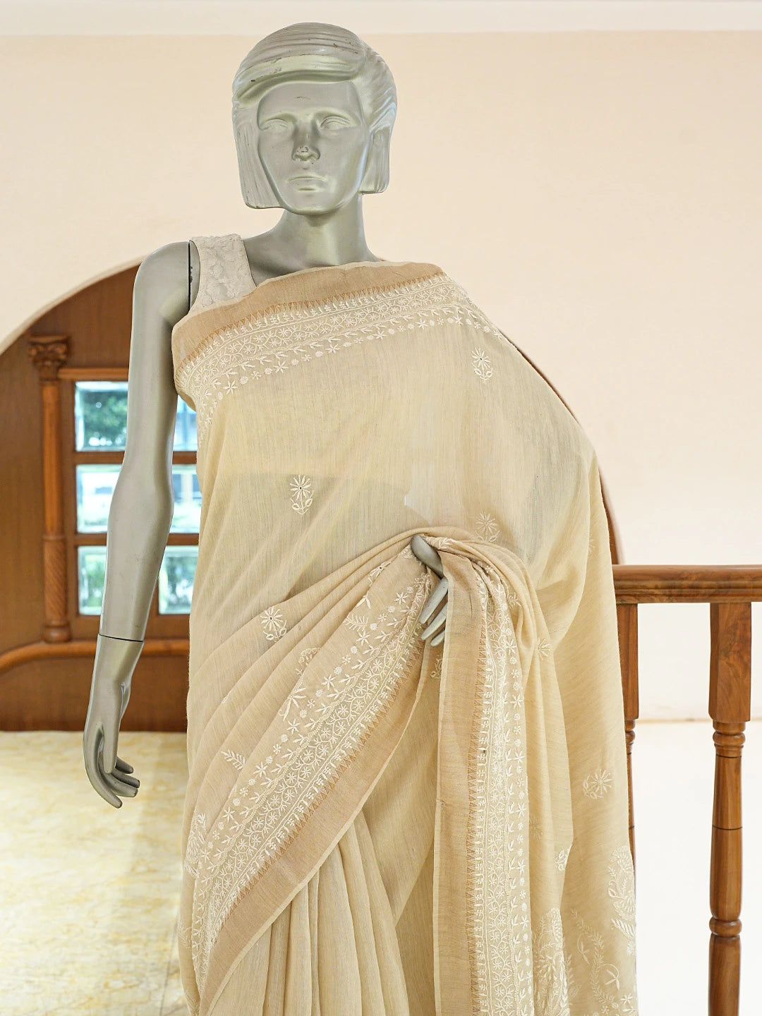 Ada Hand Embroidered Fawn Silk Lucknowi Chikankari Saree and Blouse 01A774699