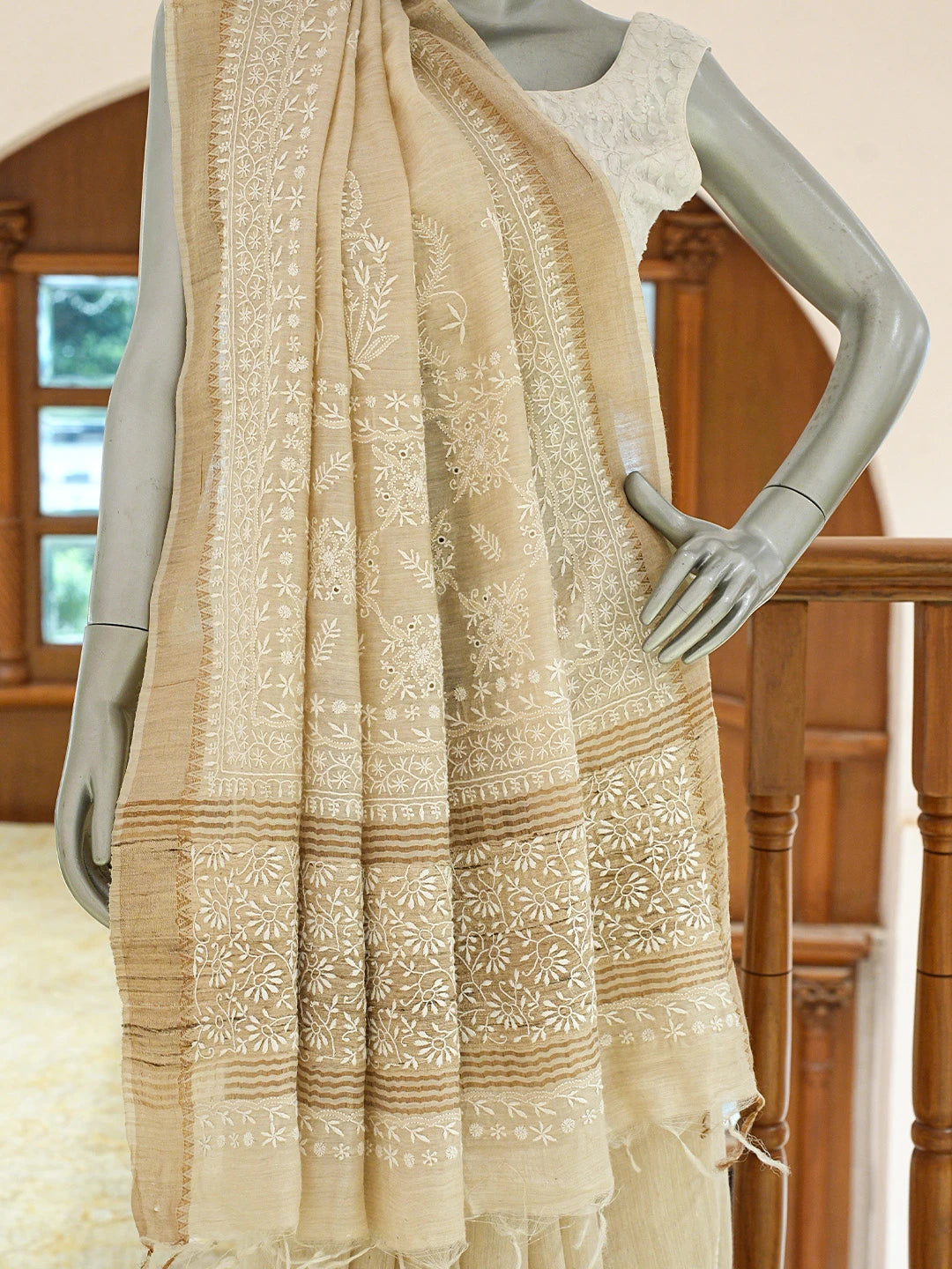 Ada Hand Embroidered Fawn Silk Lucknowi Chikankari Saree and Blouse 01A774699
