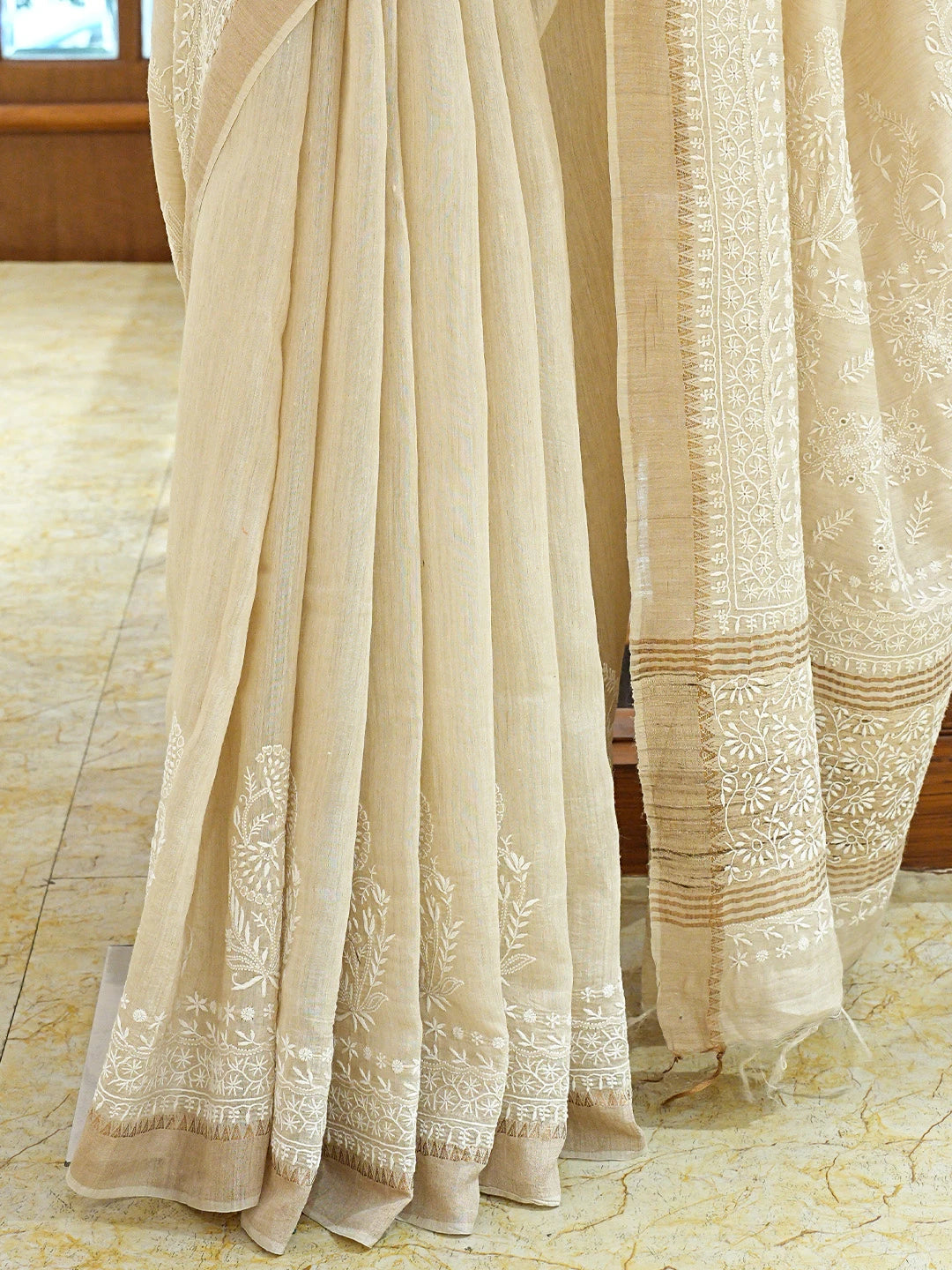 Ada Hand Embroidered Fawn Silk Lucknowi Chikankari Saree and Blouse 01A774699