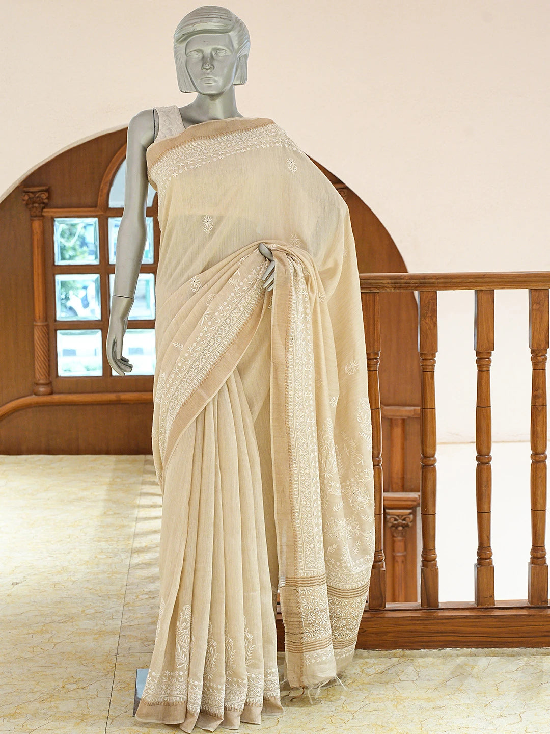 Ada Hand Embroidered Fawn Silk Lucknowi Chikankari Saree and Blouse 01A774699