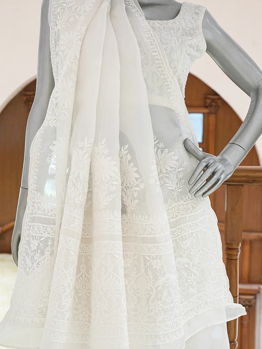 Ada Hand Embroidered White Organza Lucknowi Chikankari Saree and Blouse 01A785005