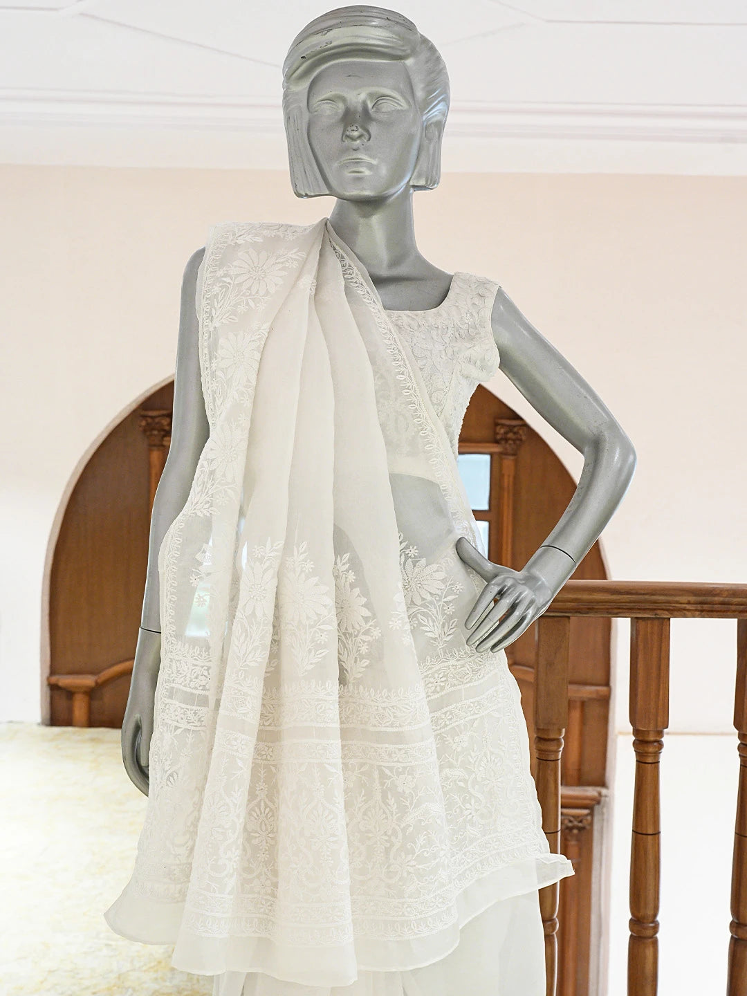 Ada Hand Embroidered White Organza Lucknowi Chikankari Saree and Blouse 01A785005