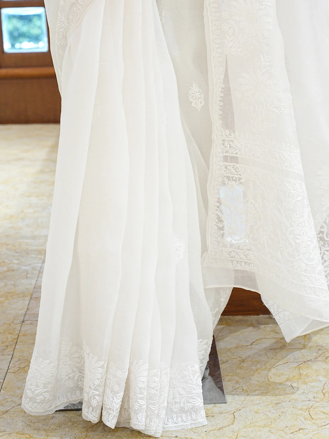 Ada Hand Embroidered White Organza Lucknowi Chikankari Saree and Blouse 01A785005