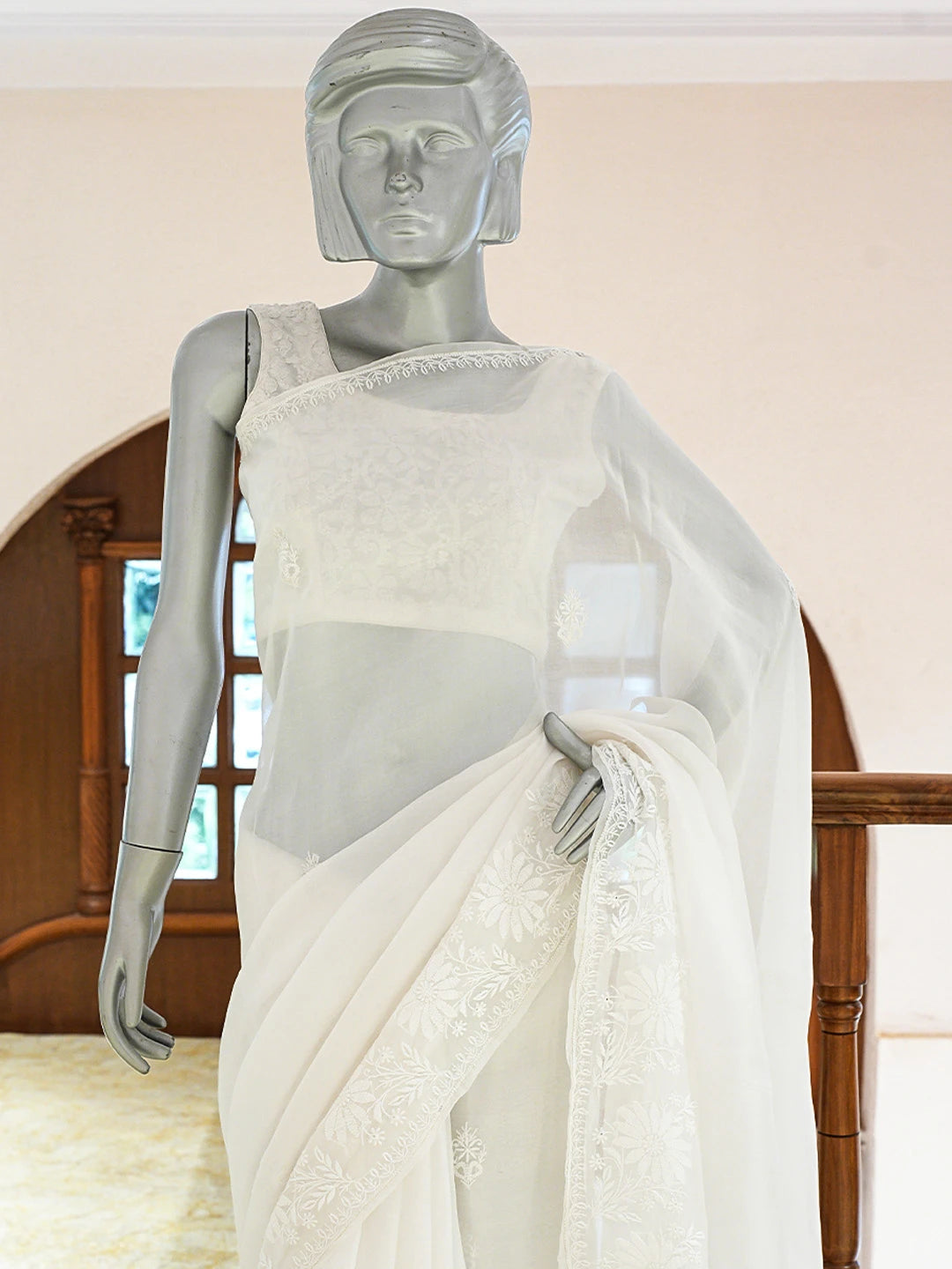 Ada Hand Embroidered White Organza Lucknowi Chikankari Saree and Blouse 01A785005