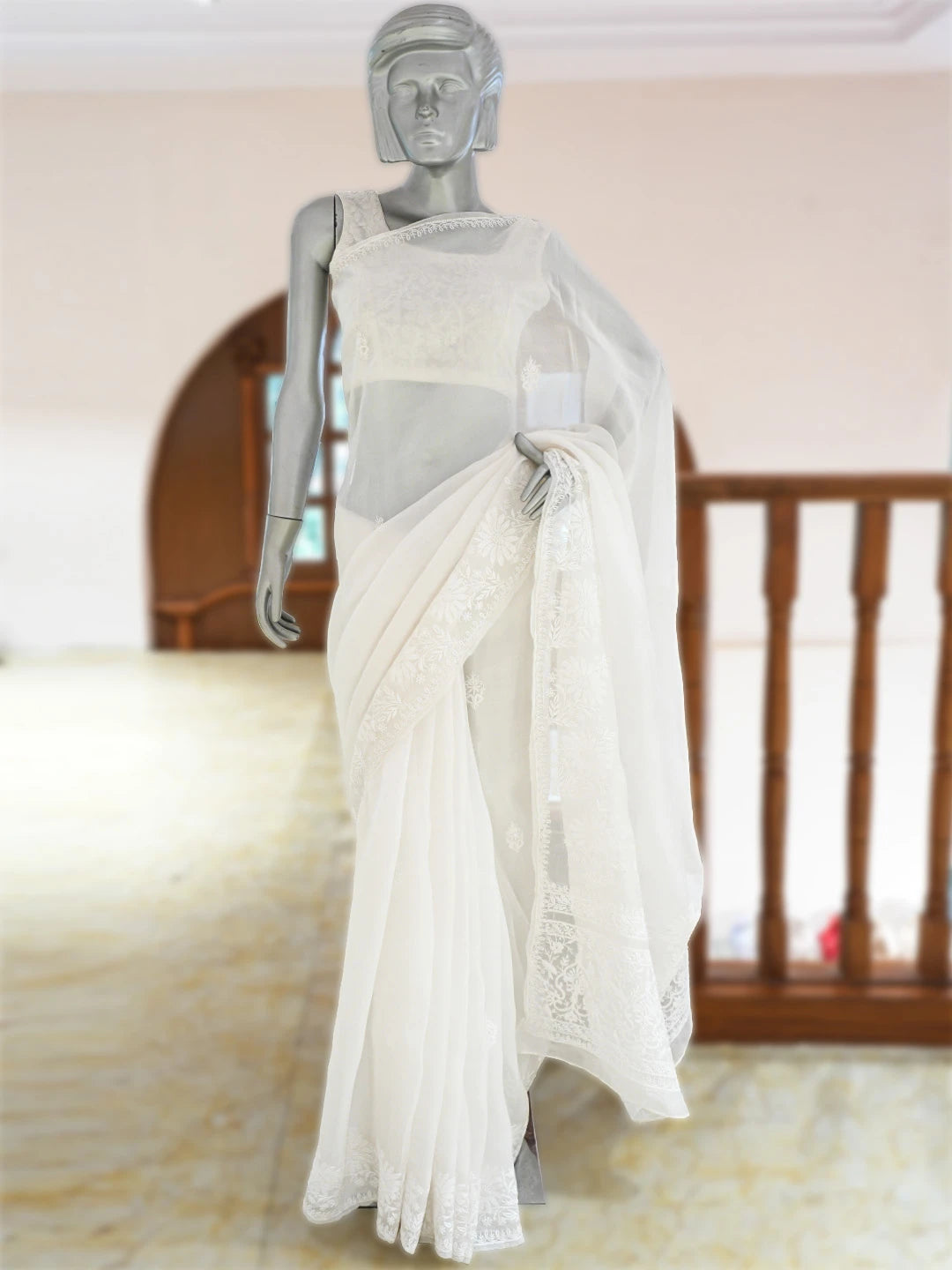 Ada Hand Embroidered White Organza Lucknowi Chikankari Saree and Blouse 01A785005