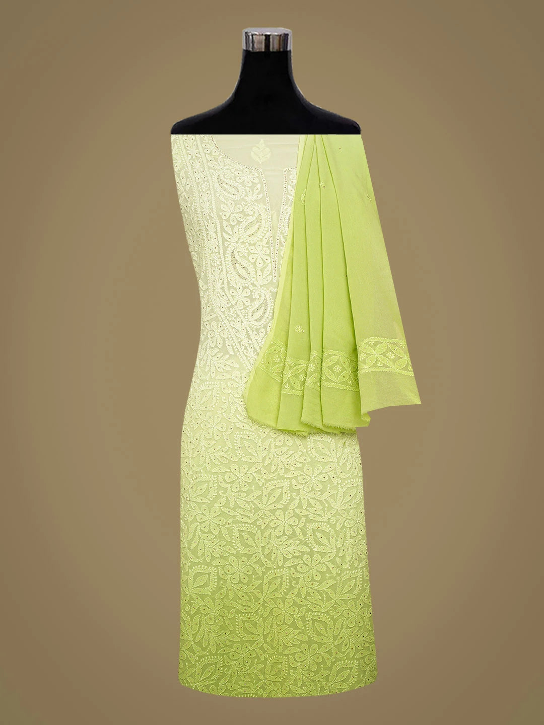 Ada Hand Embroidered Ombre Shade Of Lime Green Viscose Georgette Lucknowi Chikankari Unstitched Kurta Dupatta Set With Mukaish Work 01A809547