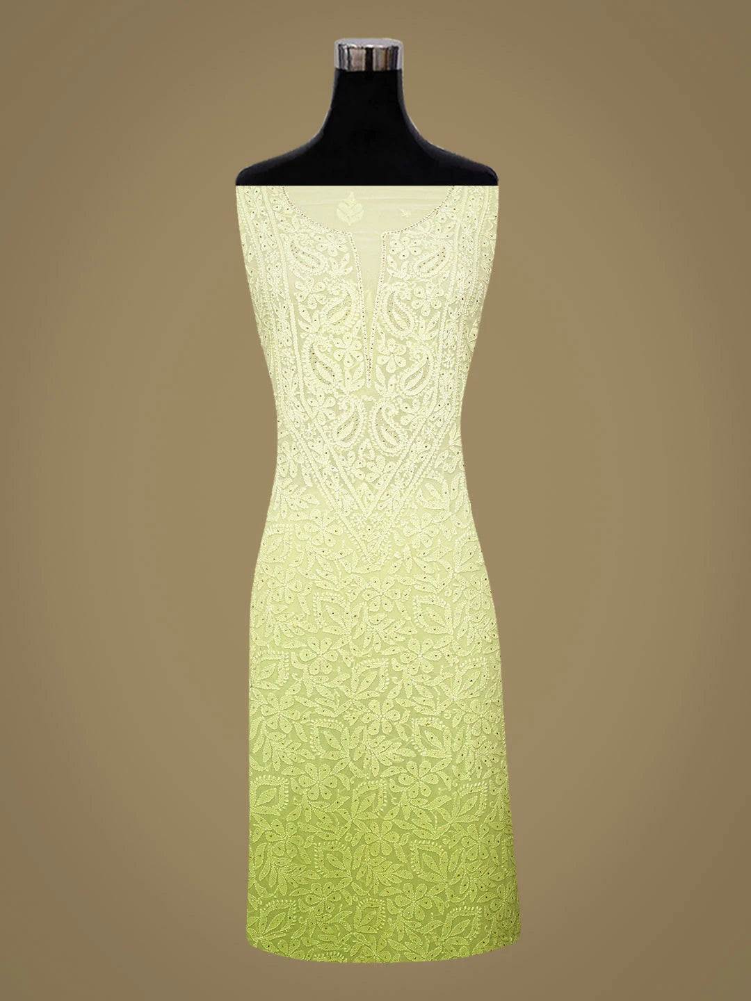 Ada Hand Embroidered Ombre Shade Of Lime Green Viscose Georgette Lucknowi Chikankari Unstitched Kurta Dupatta Set With Mukaish Work 01A809547