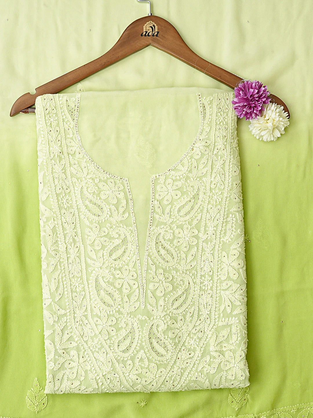 Ada Hand Embroidered Ombre Shade Of Lime Green Viscose Georgette Lucknowi Chikankari Unstitched Kurta Dupatta Set With Mukaish Work 01A809547