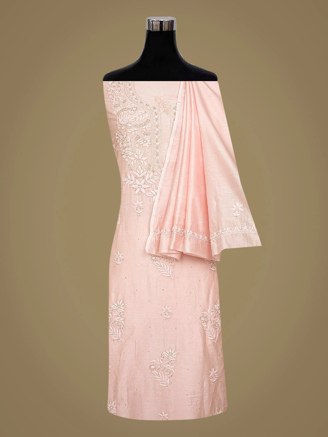 Ada Hand Embroidered Pink Chanderi Lucknowi Chikankari Unstitched Kurta Dupatta Set With Cutdana Work 01A805638