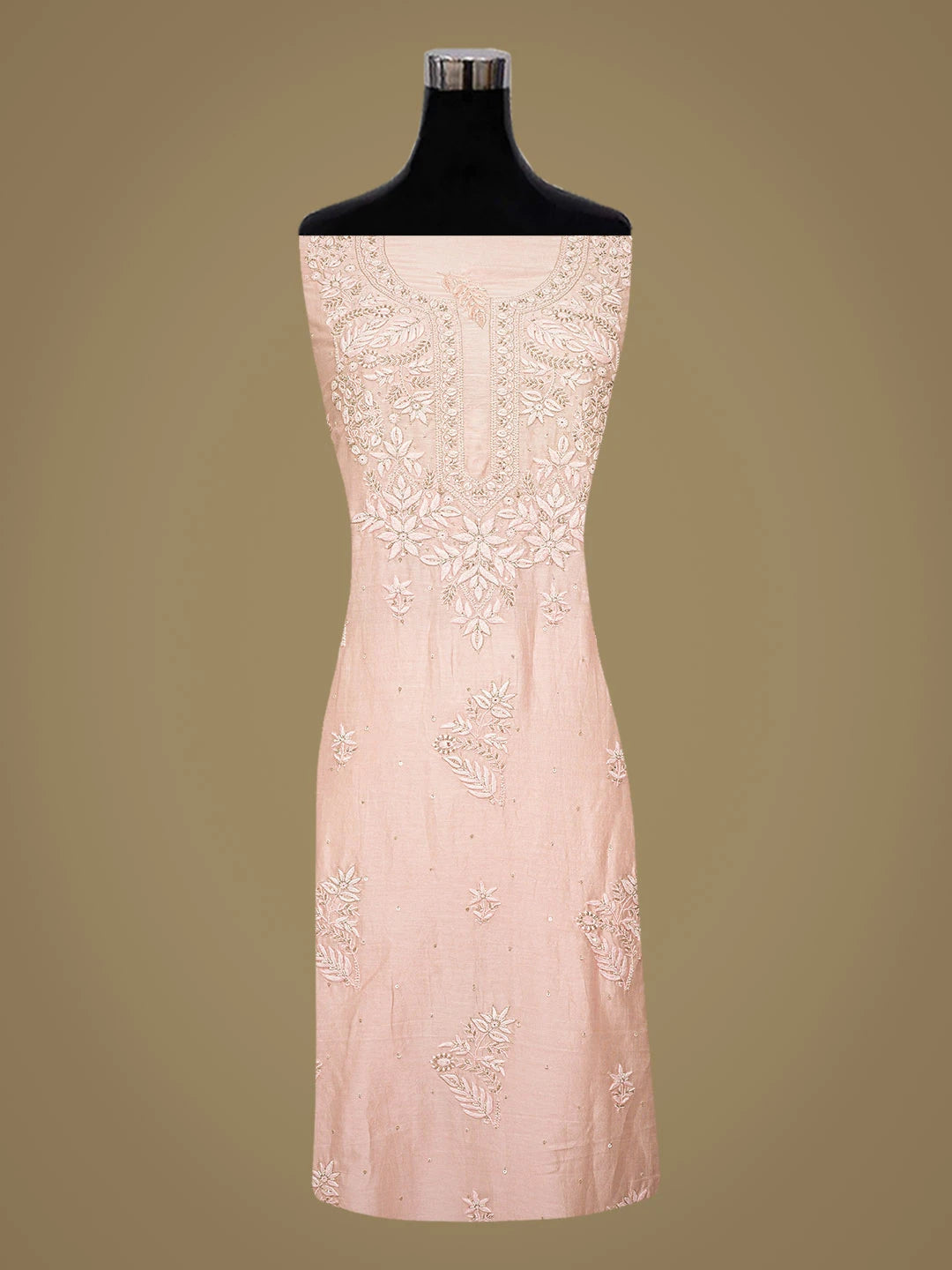 Ada Hand Embroidered Pink Chanderi Lucknowi Chikankari Unstitched Kurta Dupatta Set With Cutdana Work 01A805638