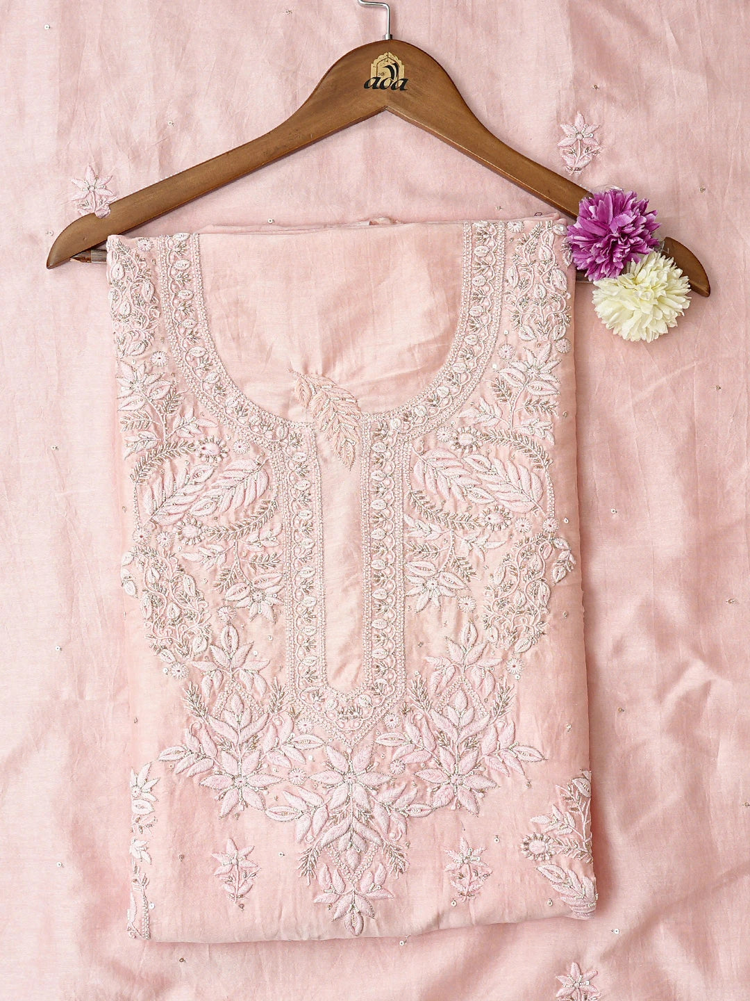 Ada Hand Embroidered Pink Chanderi Lucknowi Chikankari Unstitched Kurta Dupatta Set With Cutdana Work 01A805638