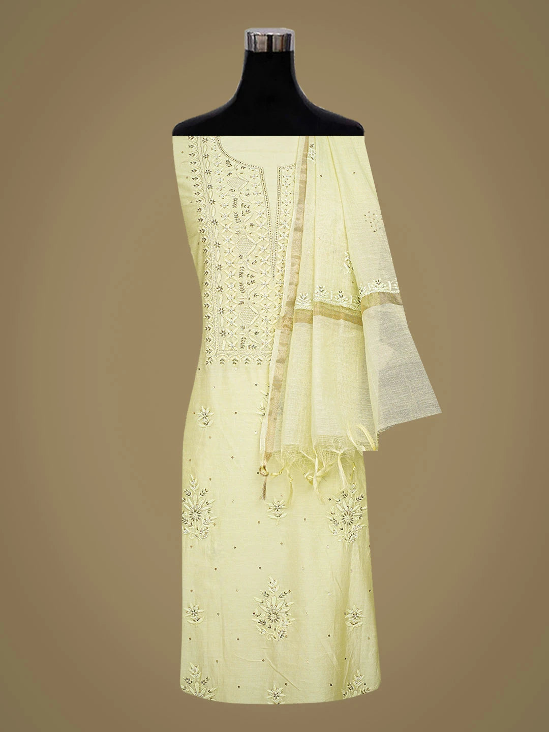 Ada Hand Embroidered Light Green Chanderi Lucknowi Chikankari Unstitched Kurta Dupatta Set With Cutdana Work 01A639183