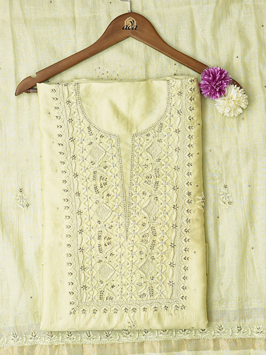 Ada Hand Embroidered Light Green Chanderi Lucknowi Chikankari Unstitched Kurta Dupatta Set With Cutdana Work 01A639183