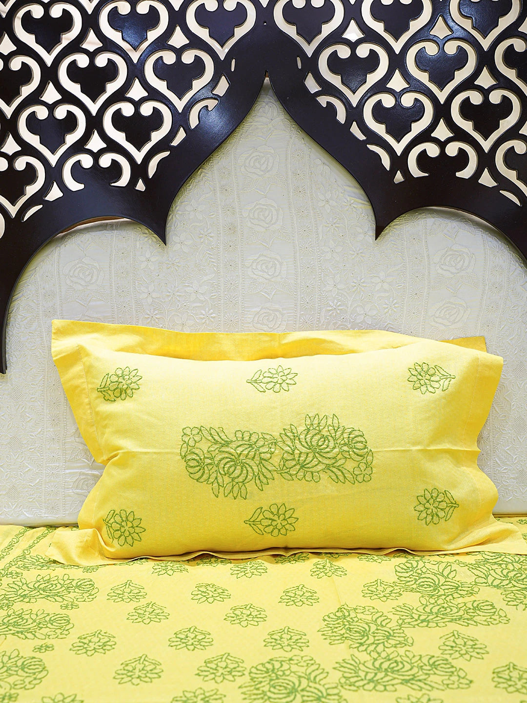 Ada Hand Embroidered Yellow Cotton Lucknowi Chikankari Bed Sheet With Pillow Cover Set 08A503067