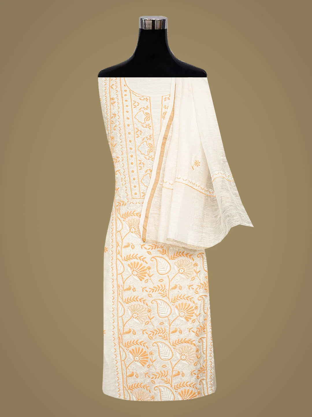 Ada Hand Embroidered White Chanderi Lucknowi Chikankari Unstitched Kurta Dupatta Set 01A604795
