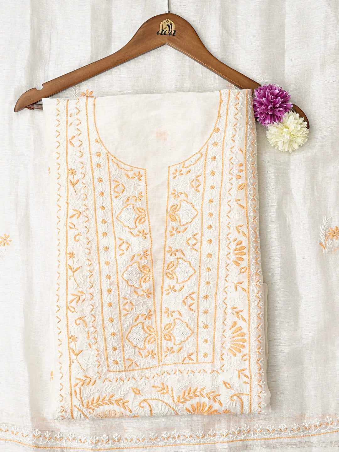 Ada Hand Embroidered White Chanderi Lucknowi Chikankari Unstitched Kurta Dupatta Set 01A604795