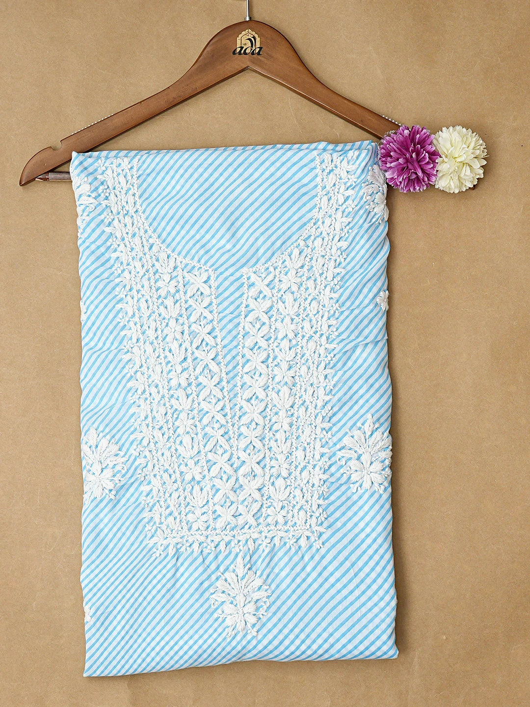Ada Hand Embroidered Blue and White Lehariya Print Cotton Lucknowi Chikankari Unstitched Kurta Piece 01A799531