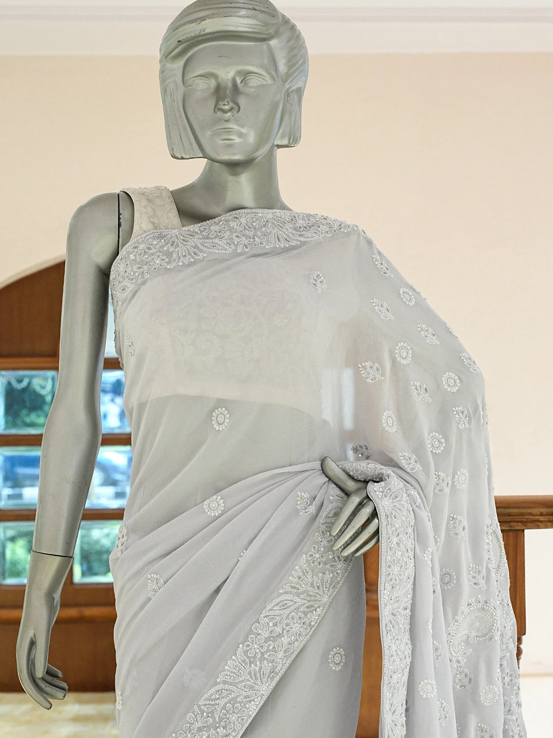 Ada Hand Embroidered Grey Pure Georgette Lucknowi Chikankari Saree and Blouse With Cutdana Work 01A663266