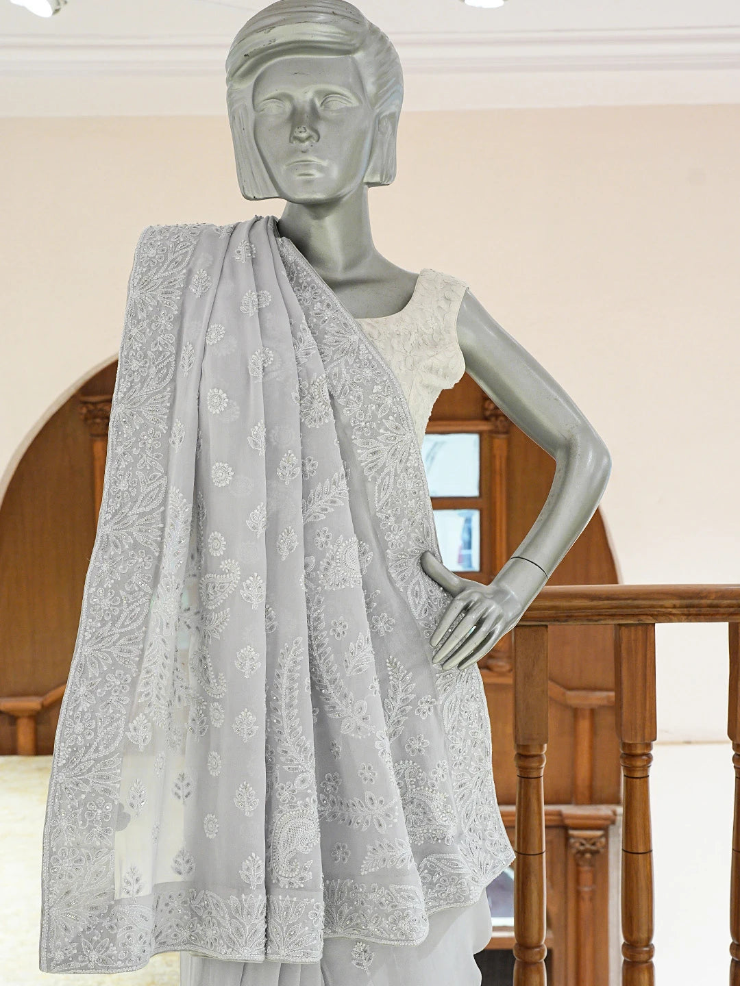 Ada Hand Embroidered Grey Pure Georgette Lucknowi Chikankari Saree and Blouse With Cutdana Work 01A663266