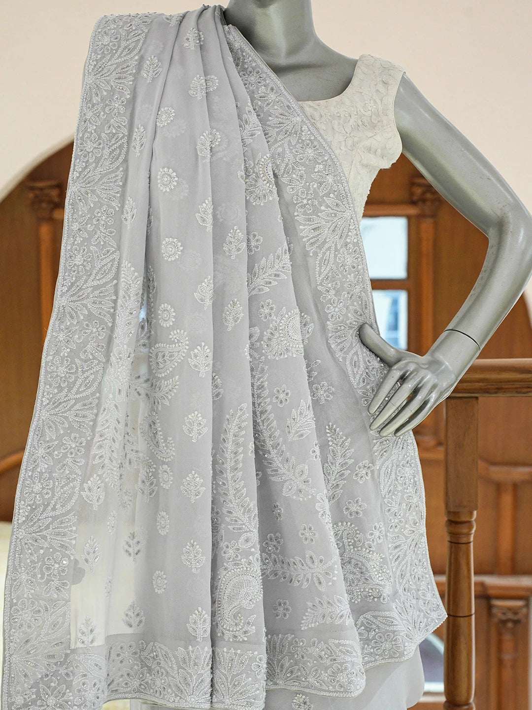 Ada Hand Embroidered Grey Pure Georgette Lucknowi Chikankari Saree and Blouse With Cutdana Work 01A663266
