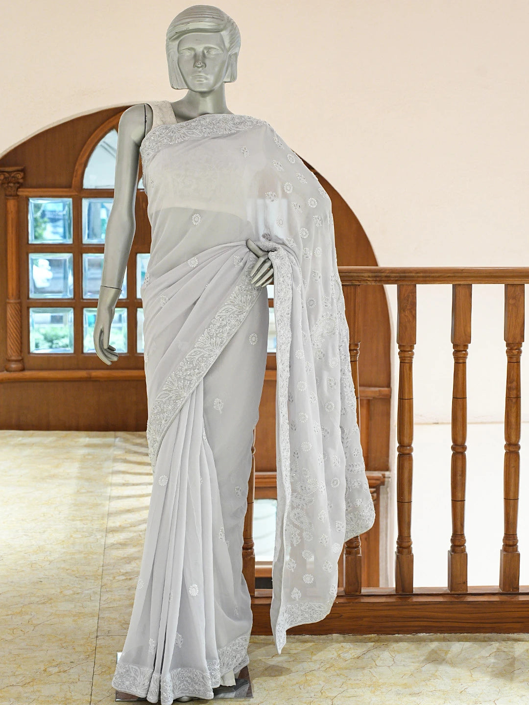 Ada Hand Embroidered Grey Pure Georgette Lucknowi Chikankari Saree and Blouse With Cutdana Work 01A663266