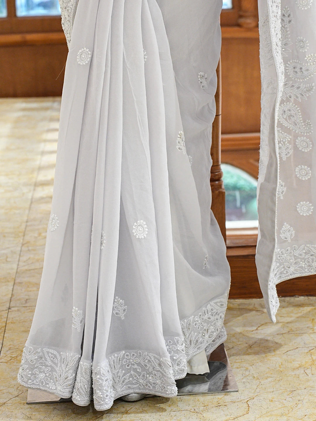 Ada Hand Embroidered Grey Pure Georgette Lucknowi Chikankari Saree and Blouse With Cutdana Work 01A663266