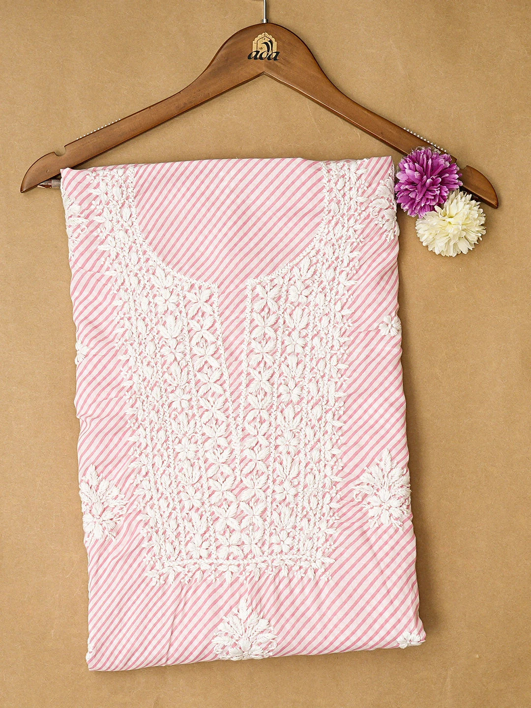 Ada Hand Embroidered Pink and White Lehariya Print Cotton Lucknowi Chikankari Unstitched Kurta Piece 01A799601