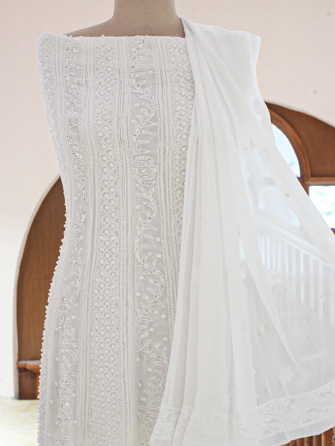 Ada Hand Embroidered White Viscose Georgette Lucknowi Chikankari Semi-Stitched Anarkali Kurta Dupatta Set With Pearl Work 01A828697