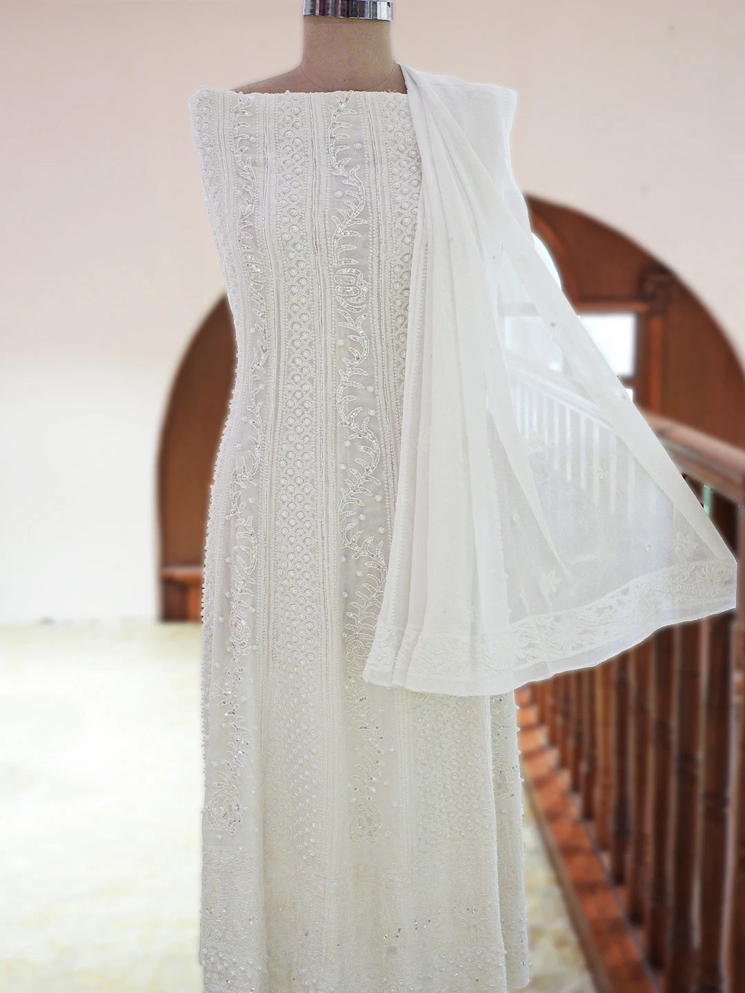 Ada Hand Embroidered White Viscose Georgette Lucknowi Chikankari Semi-Stitched Anarkali Kurta Dupatta Set With Pearl Work 01A828697