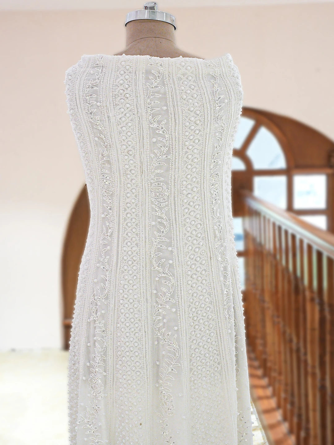 Ada Hand Embroidered White Viscose Georgette Lucknowi Chikankari Semi-Stitched Anarkali Kurta Dupatta Set With Pearl Work 01A828697