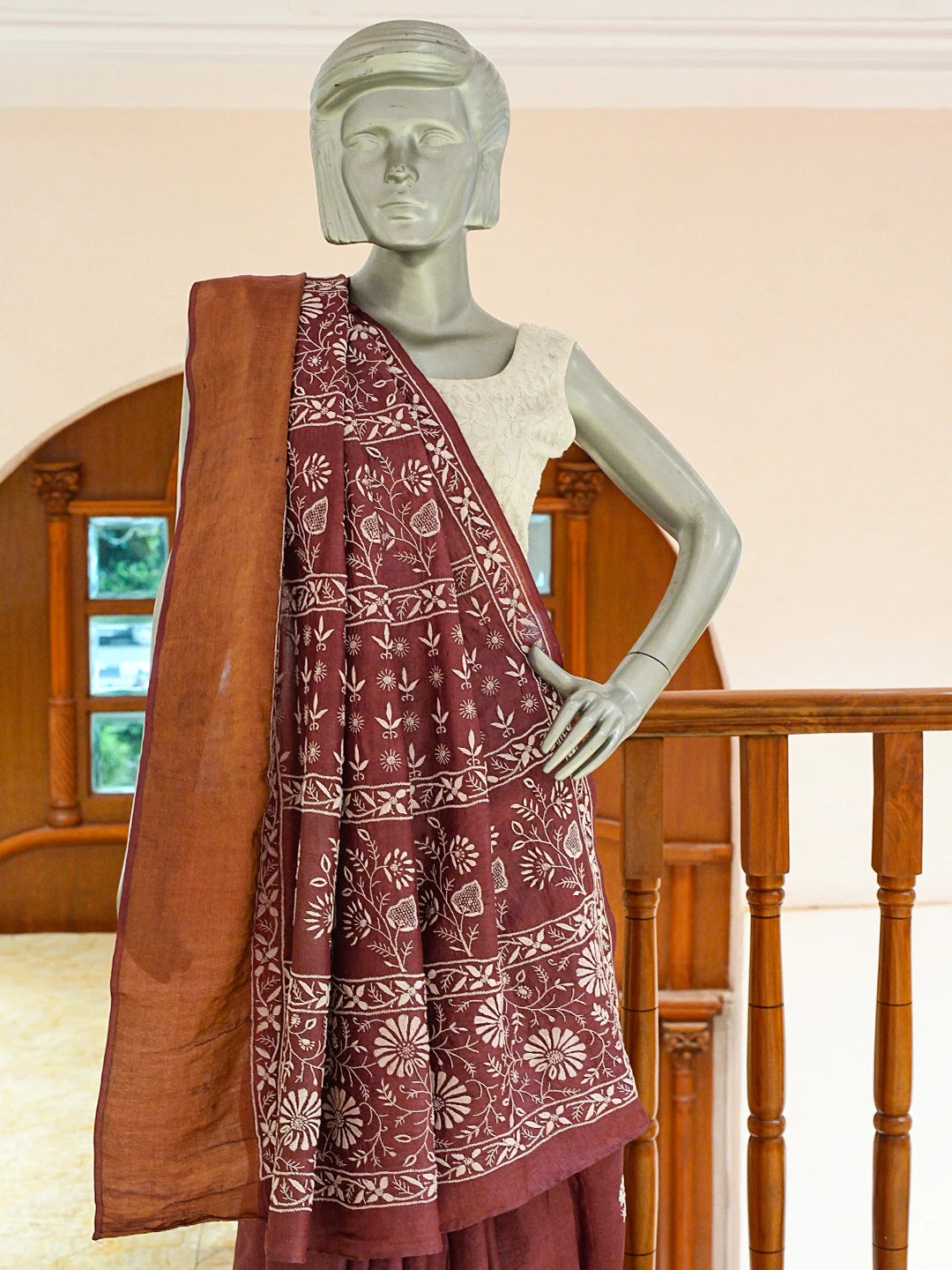 Ada Hand Embroidered Wine Tussar Silk Lucknowi Chikankari Saree and Blouse 01A695440