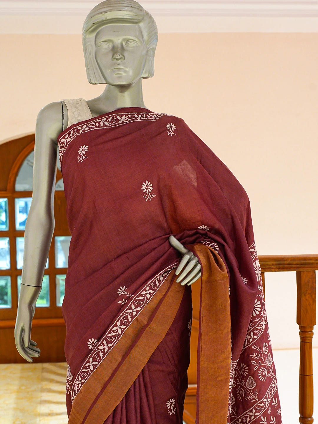 Ada Hand Embroidered Wine Tussar Silk Lucknowi Chikankari Saree and Blouse 01A695440