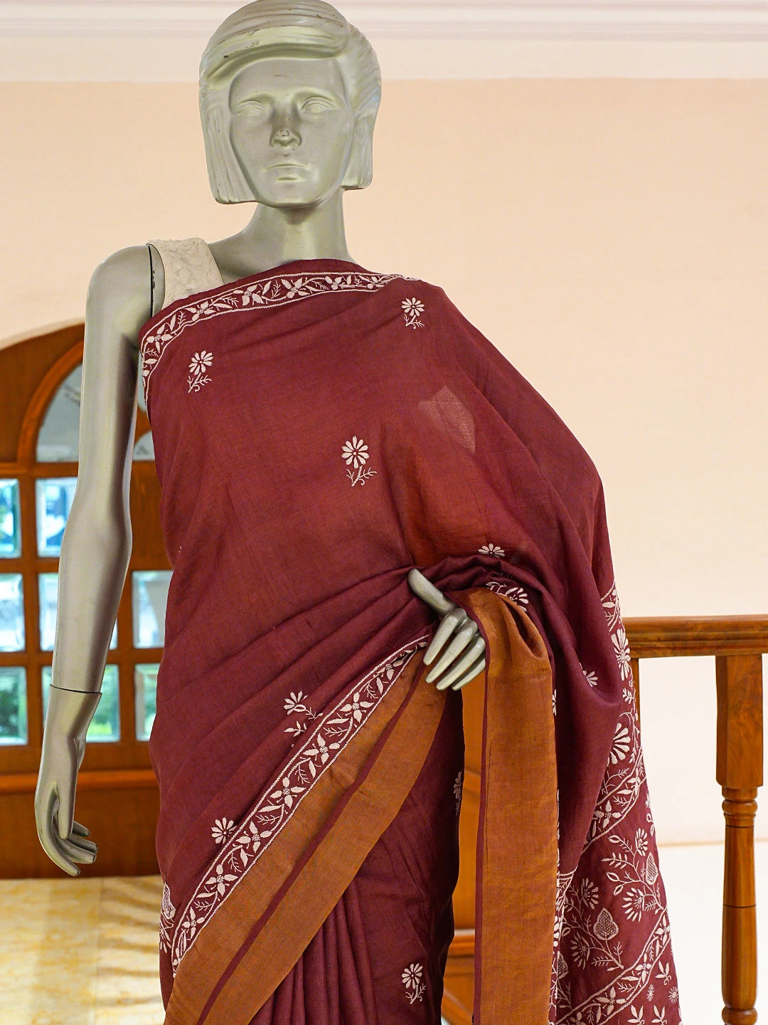 Ada Hand Embroidered Wine Tussar Silk Lucknowi Chikankari Saree and Blouse 01A695440