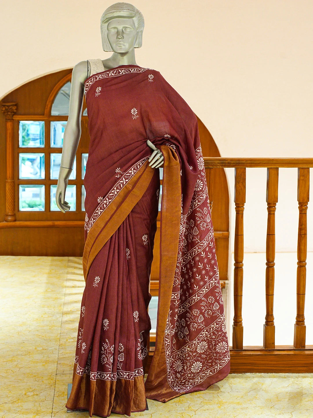 Ada Hand Embroidered Wine Tussar Silk Lucknowi Chikankari Saree and Blouse 01A695440