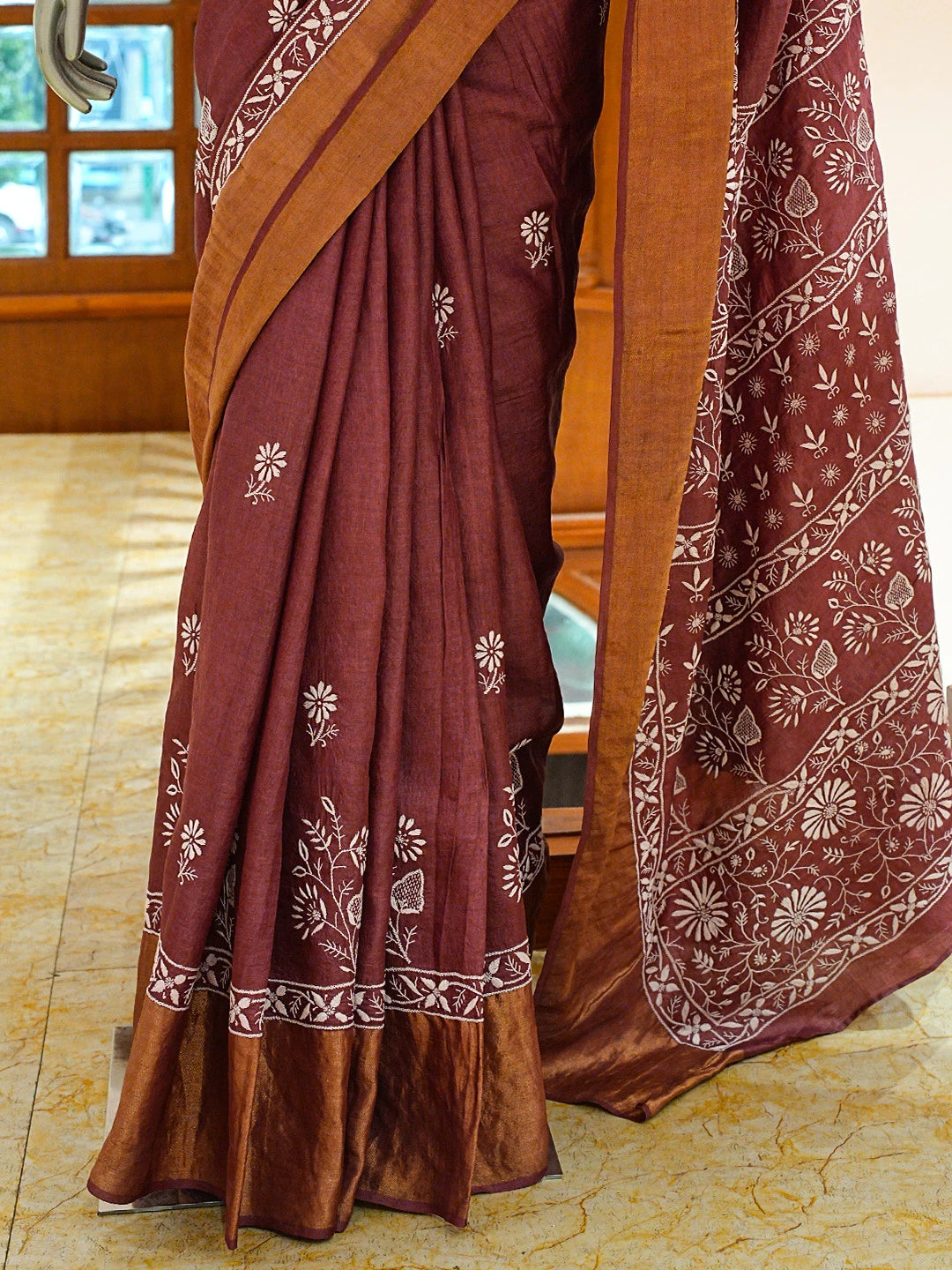 Ada Hand Embroidered Wine Tussar Silk Lucknowi Chikankari Saree and Blouse 01A695440