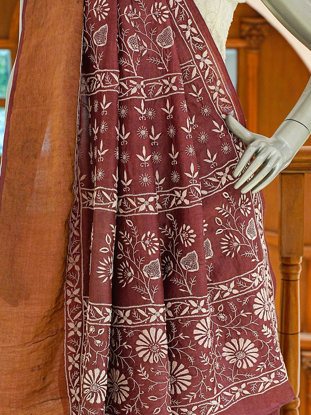 Ada Hand Embroidered Wine Tussar Silk Lucknowi Chikankari Saree and Blouse 01A695440