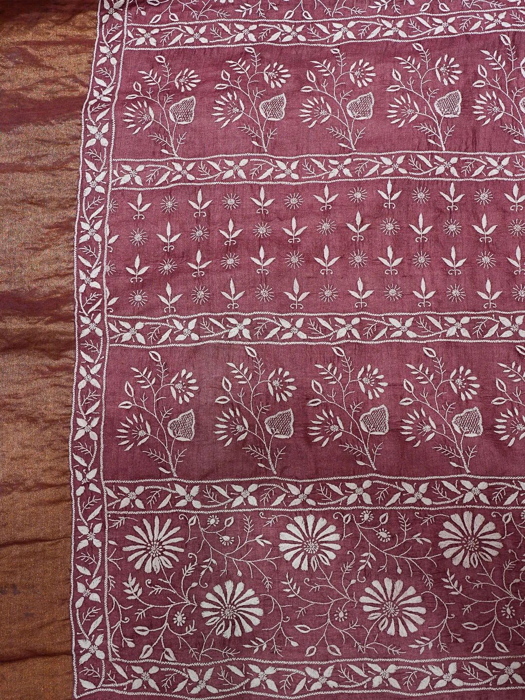 Ada Hand Embroidered Wine Tussar Silk Lucknowi Chikankari Saree and Blouse 01A695440