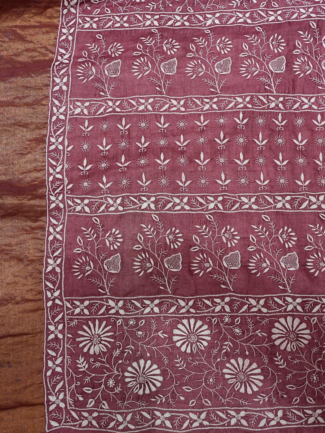 Ada Hand Embroidered Wine Tussar Silk Lucknowi Chikankari Saree and Blouse 01A695440