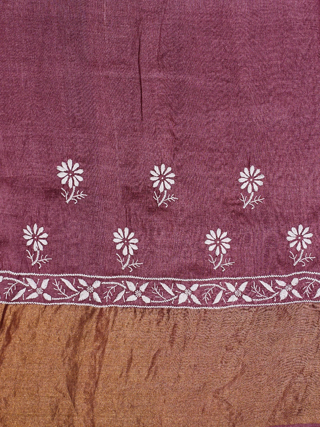 Ada Hand Embroidered Wine Tussar Silk Lucknowi Chikankari Saree and Blouse 01A695440