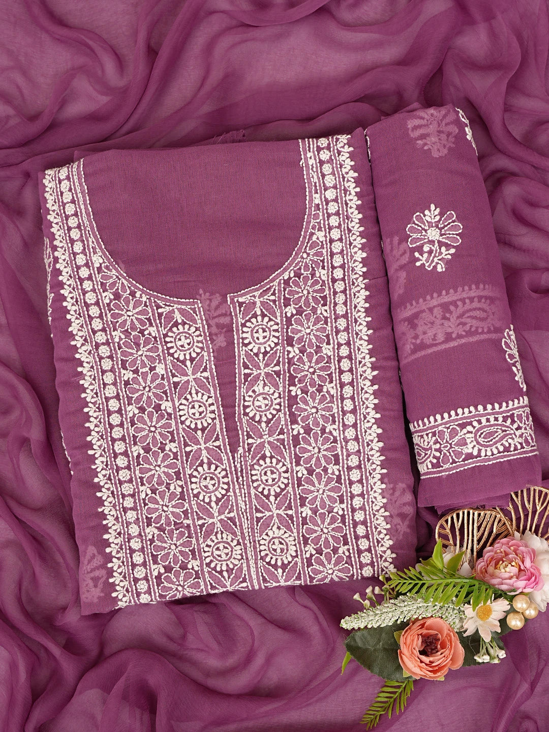 Ada Hand Embroidered Magenta Haze Cotton Lucknowi Chikankari Unstitched Suit Piece 01A832558