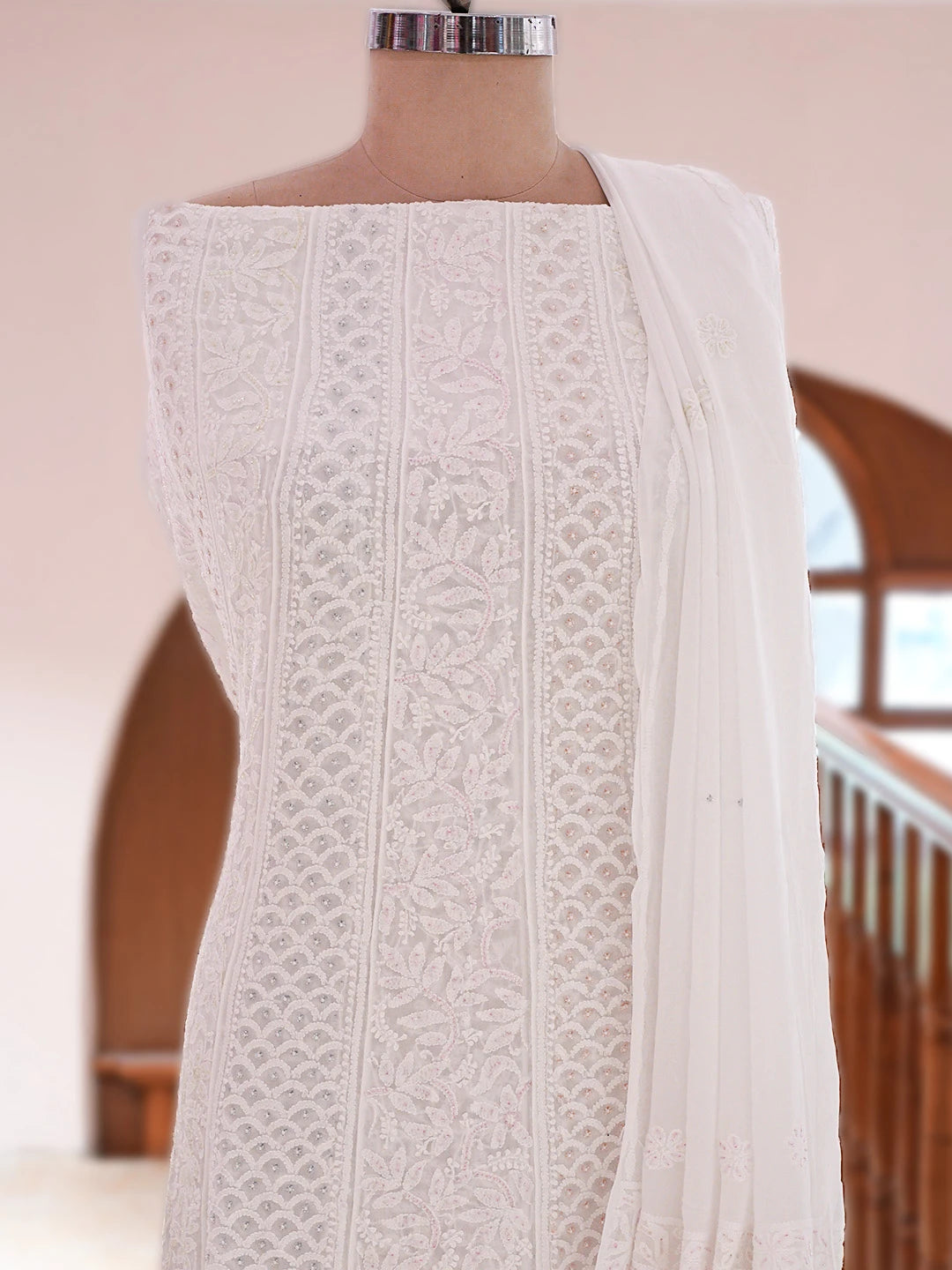 Ada Hand Embroidered White Viscose Georgette Lucknowi Chikankari Semi-Stitched Anarkali Kurta Dupatta Set With Cutdana Work 01A807019