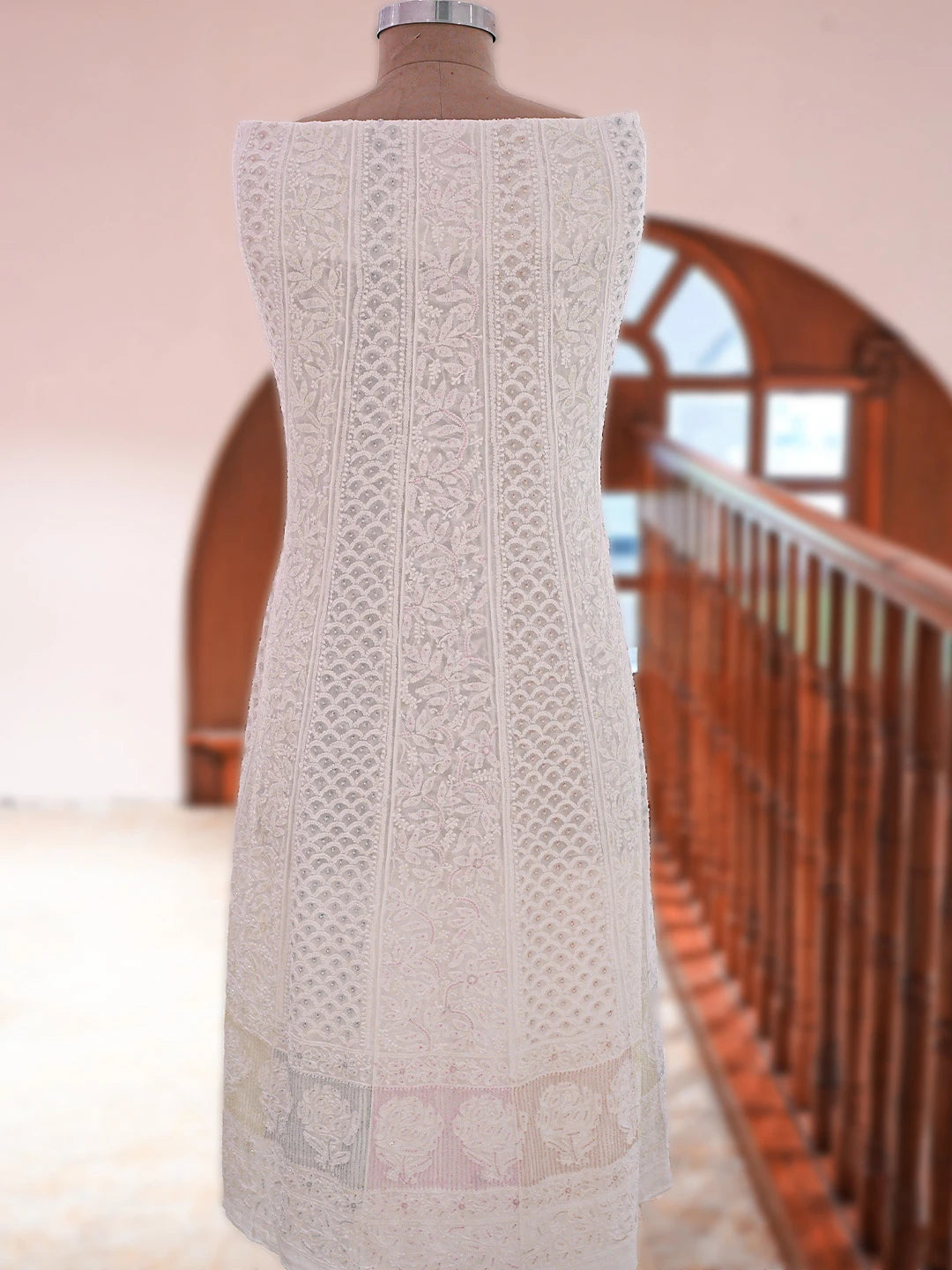 Ada Hand Embroidered White Viscose Georgette Lucknowi Chikankari Semi-Stitched Anarkali Kurta Dupatta Set With Cutdana Work 01A807019