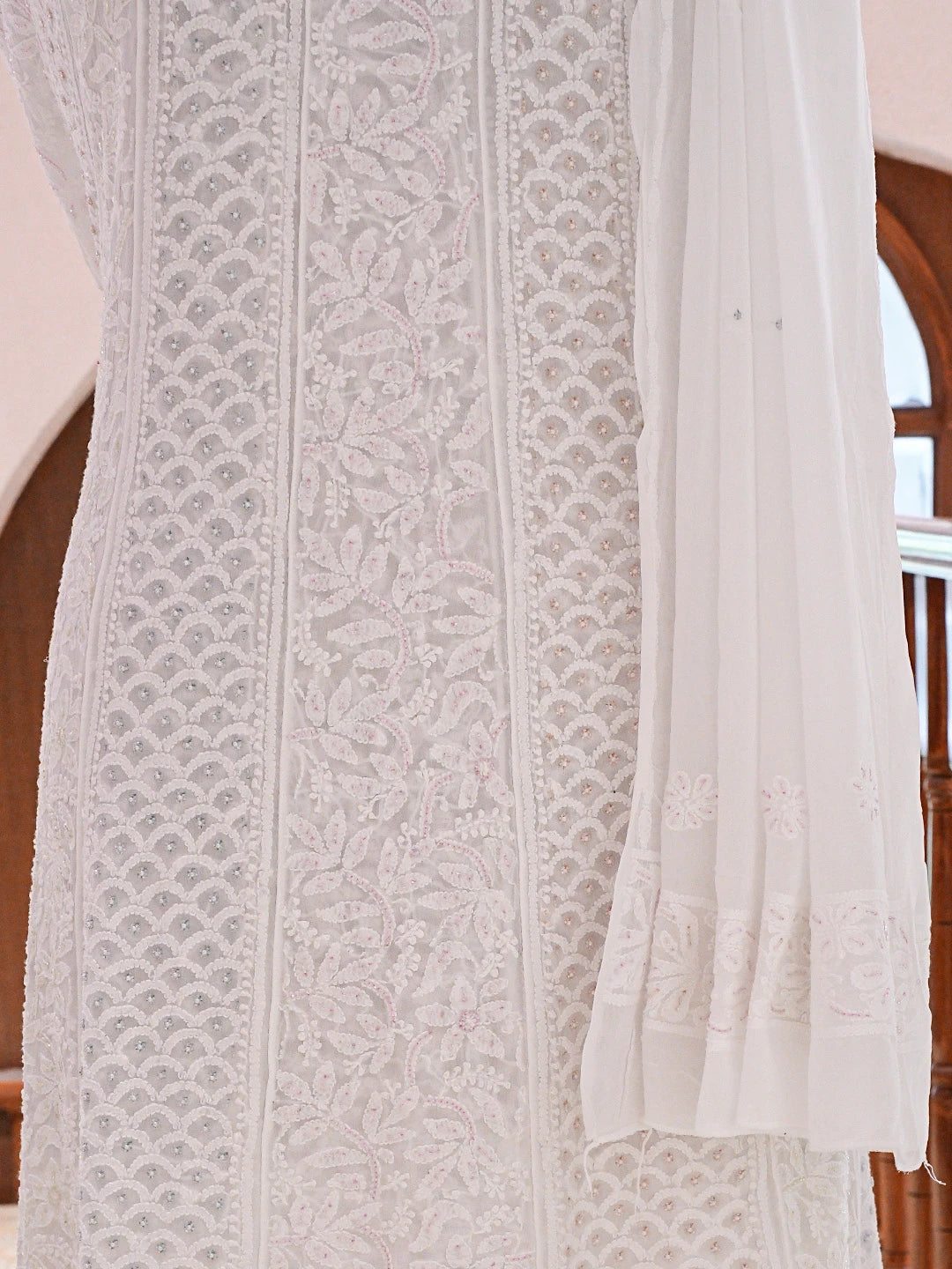 Ada Hand Embroidered White Viscose Georgette Lucknowi Chikankari Semi-Stitched Anarkali Kurta Dupatta Set With Cutdana Work 01A807019
