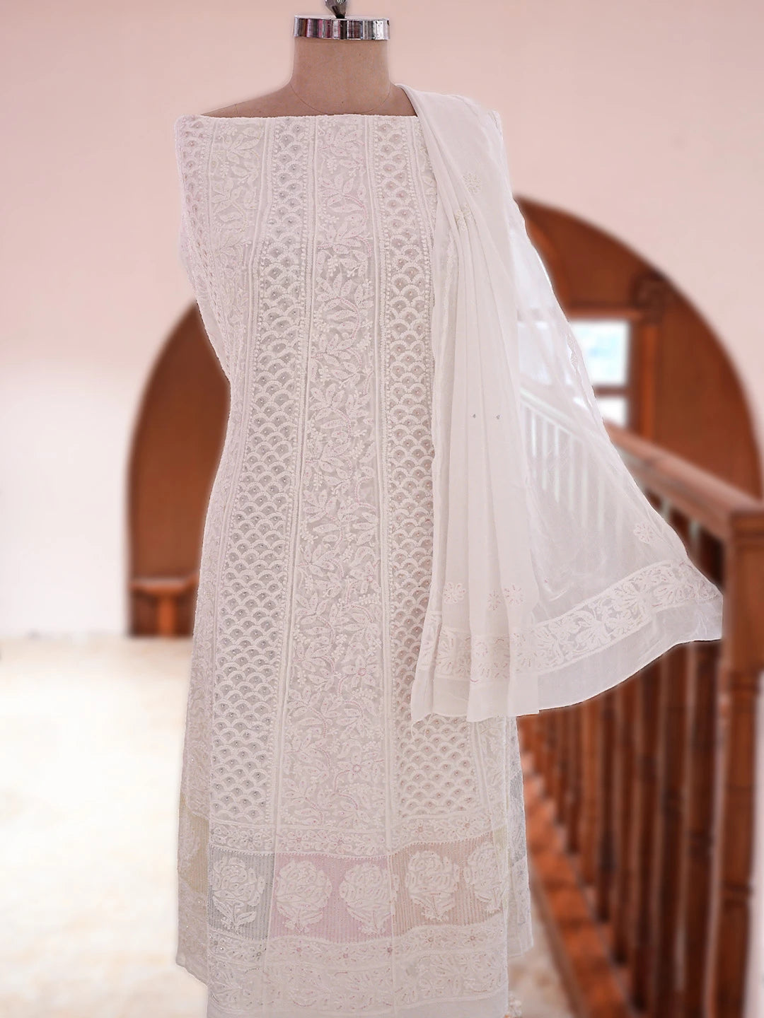 Ada Hand Embroidered White Viscose Georgette Lucknowi Chikankari Semi-Stitched Anarkali Kurta Dupatta Set With Cutdana Work 01A807019