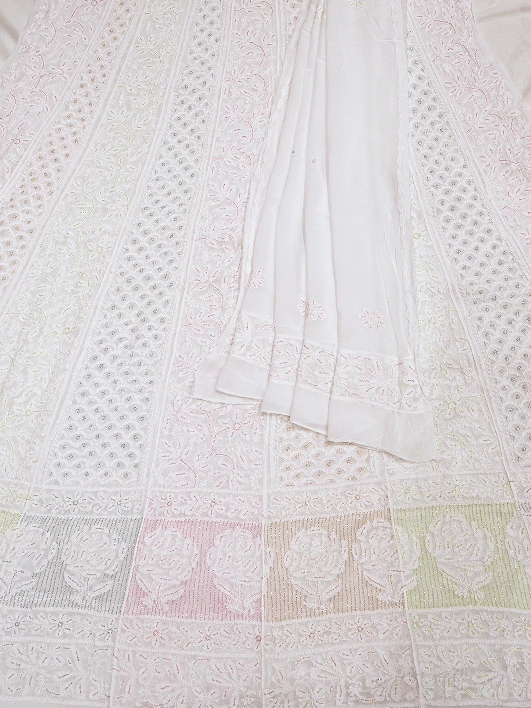Ada Hand Embroidered White Viscose Georgette Lucknowi Chikankari Semi-Stitched Anarkali Kurta Dupatta Set With Cutdana Work 01A807019