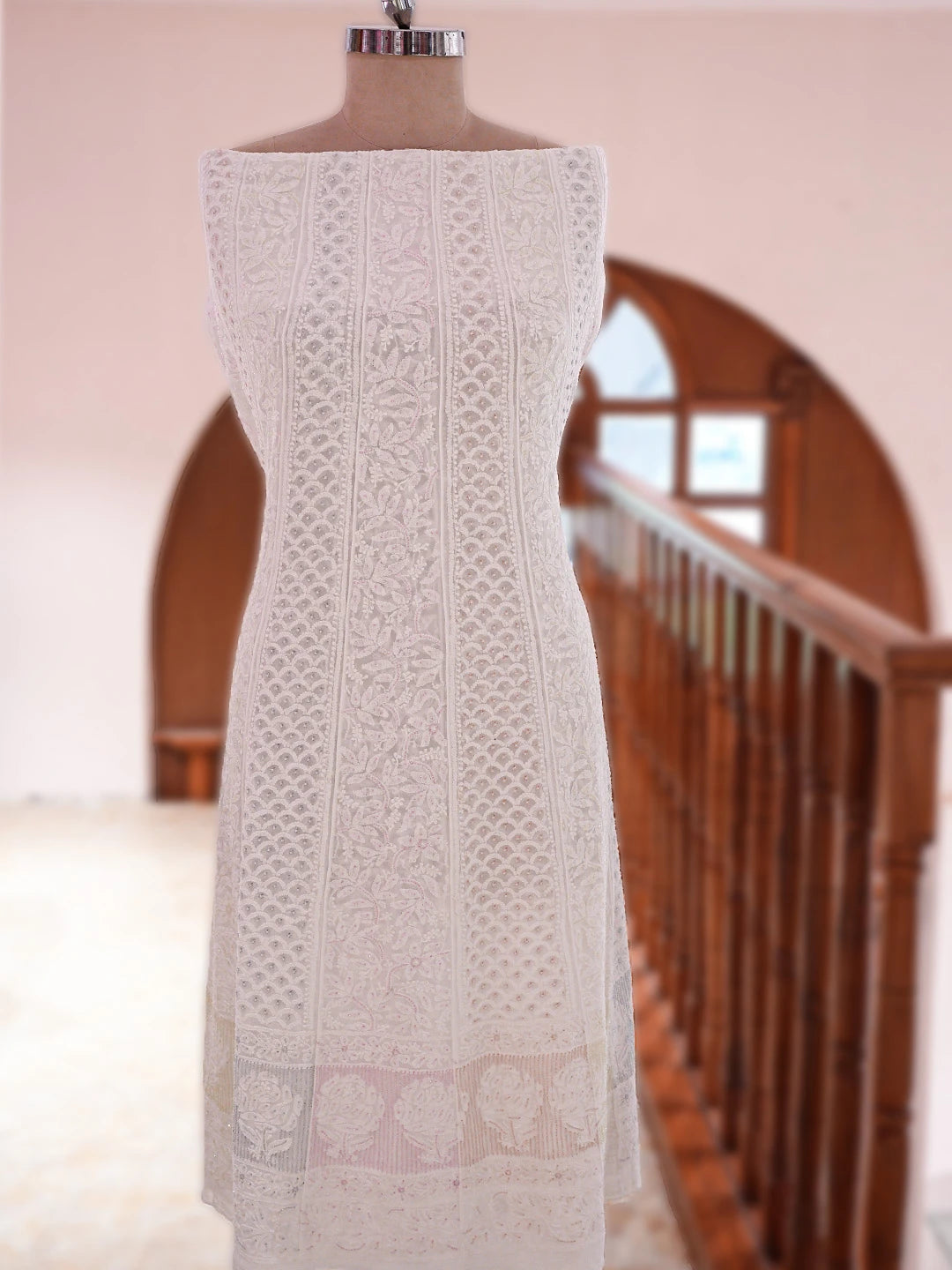 Ada Hand Embroidered White Viscose Georgette Lucknowi Chikankari Semi-Stitched Anarkali Kurta Dupatta Set With Cutdana Work 01A807019