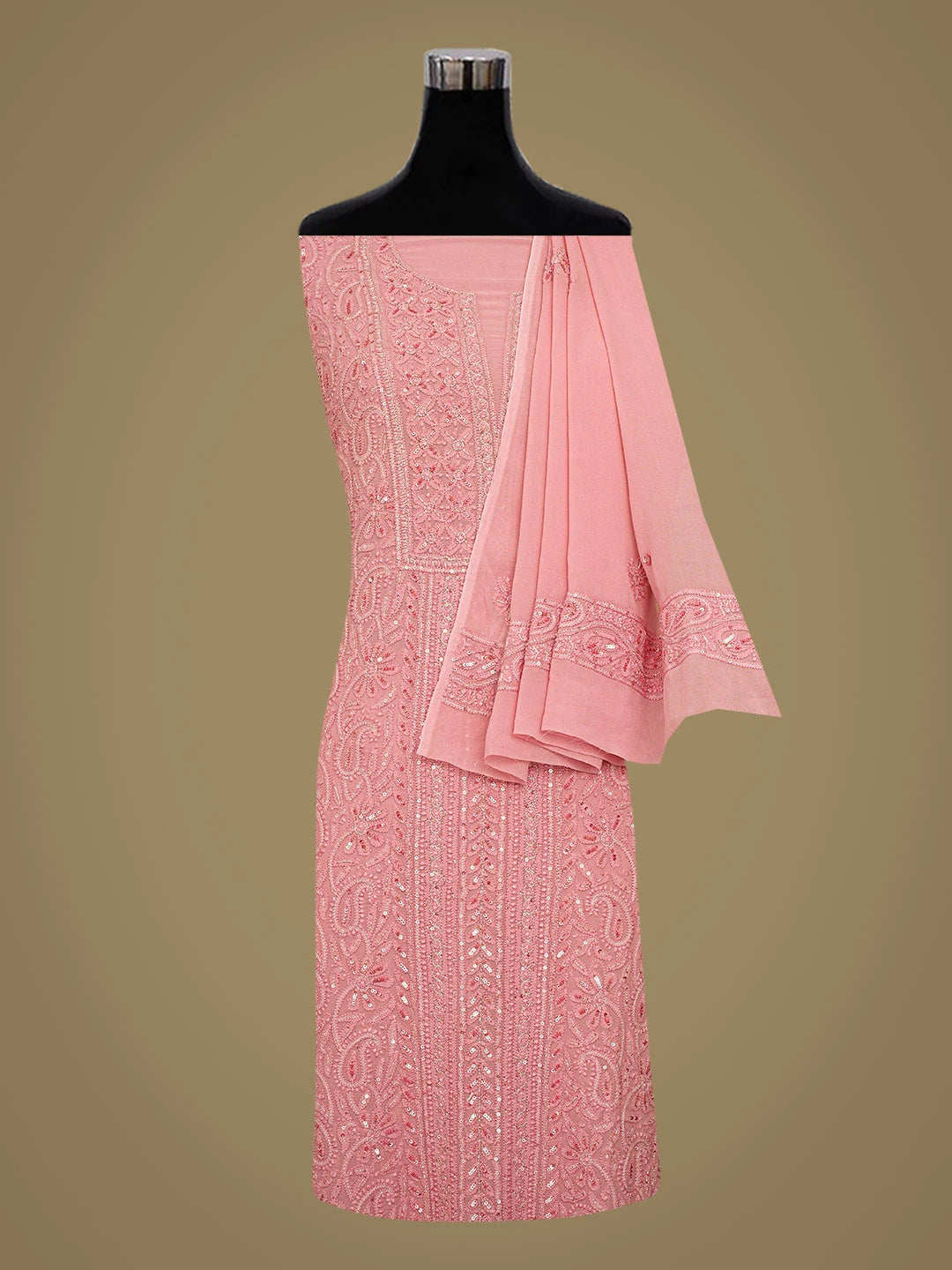 Ada Hand Embroidered Pink Viscose Georgette Lucknowi Chikankari Unstitched Kurta Dupatta Set With Cutdana Work 01A724423